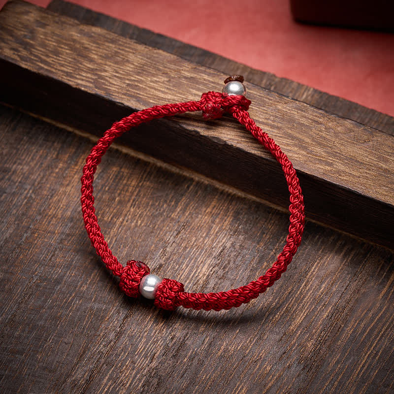 Buddha Stones Bracciale intrecciato in argento sterling 925 con perline e filo rosso portafortuna. - image 1