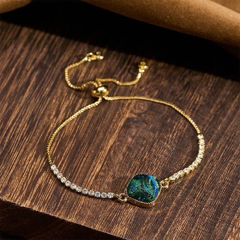 Buddha Stones Bracciale quadrato regolabile in broccato color rame con scritta "Lucky Song". - image 1