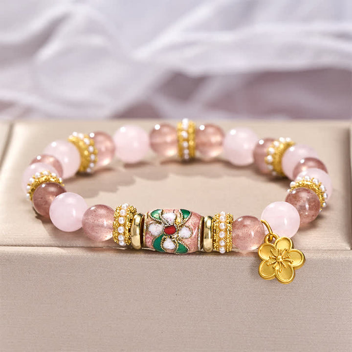 Buddha Stones Bracciale con ciondolo a forma di fiore in quarzo rosa naturale e quarzo fragola, smalto, perline rotonde lucide a tema amore. - image 3