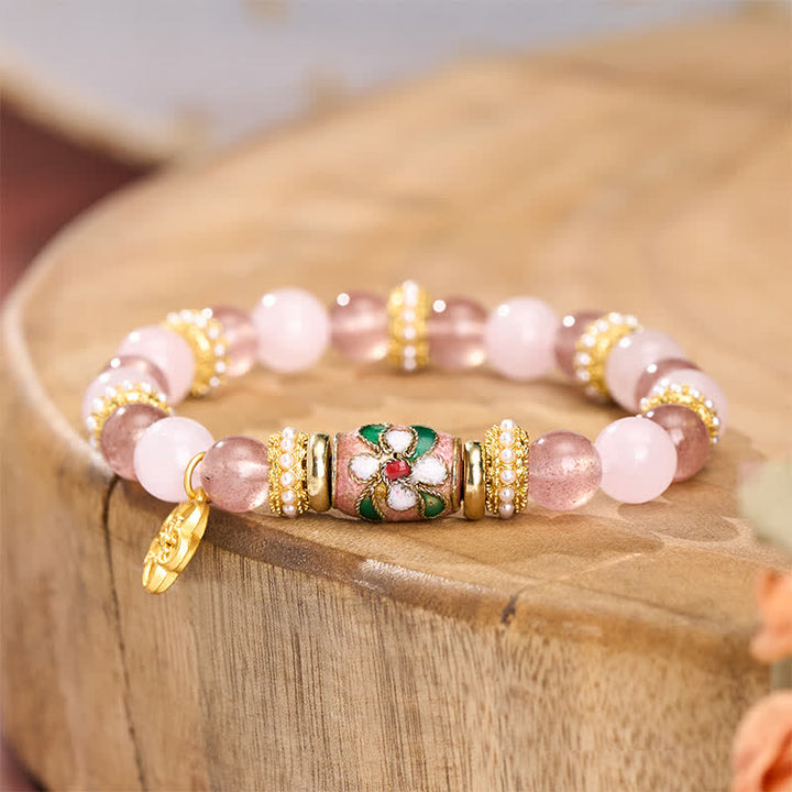 Buddha Stones Bracciale con ciondolo a forma di fiore in quarzo rosa naturale e quarzo fragola, smalto, perline rotonde lucide a tema amore. - image 2
