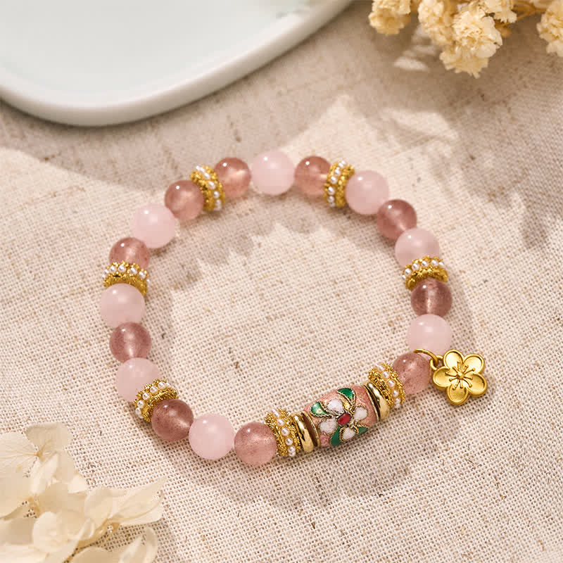 Buddha Stones Bracciale con ciondolo a forma di fiore in quarzo rosa naturale e quarzo fragola, smalto, perline rotonde lucide a tema amore. - Quarzo fragola Quarzo rosa (Circonferenza del polso: 15–16 cm) - image 0