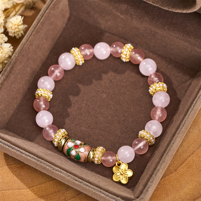 Buddha Stones Bracciale con ciondolo a forma di fiore in quarzo rosa naturale e quarzo fragola, smalto, perline rotonde lucide a tema amore. - image 1