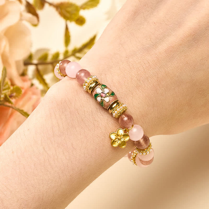 Buddha Stones Bracciale con ciondolo a forma di fiore in quarzo rosa naturale e quarzo fragola, smalto, perline rotonde lucide a tema amore. - image 4