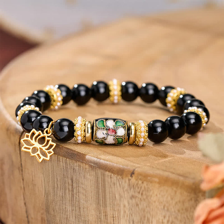 Buddha Stones Bracciale con ciondolo a forma di fiore di loto in smalto cloisonné di ossidiana nera e perline rotonde di protezione. - image 2