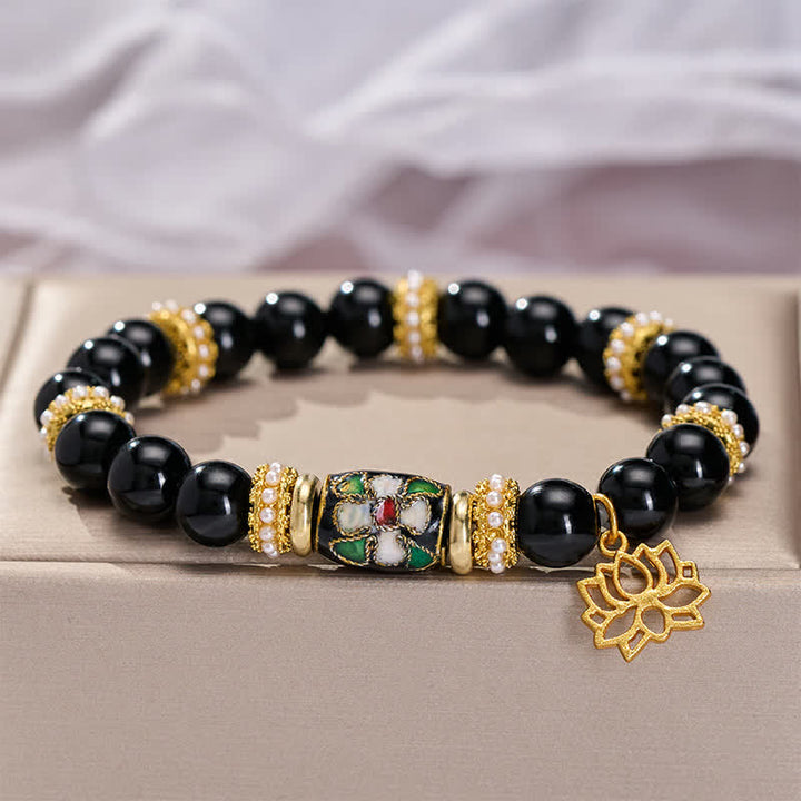 Buddha Stones Bracciale con ciondolo a forma di fiore di loto in smalto cloisonné di ossidiana nera e perline rotonde di protezione. - image 3