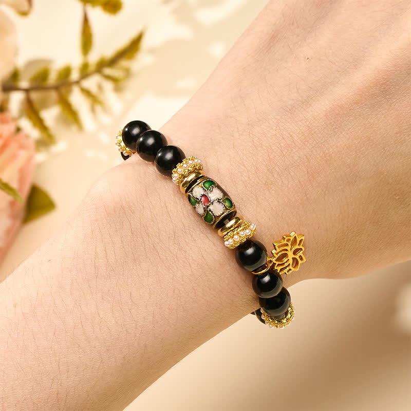 Buddha Stones Bracciale con ciondolo a forma di fiore di loto in smalto cloisonné di ossidiana nera e perline rotonde di protezione. - image 4