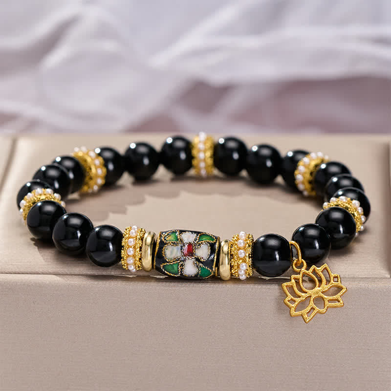 Buddha Stones Bracciale con ciondolo a forma di fiore di loto in smalto cloisonné di ossidiana nera e perline rotonde di protezione. - image 3