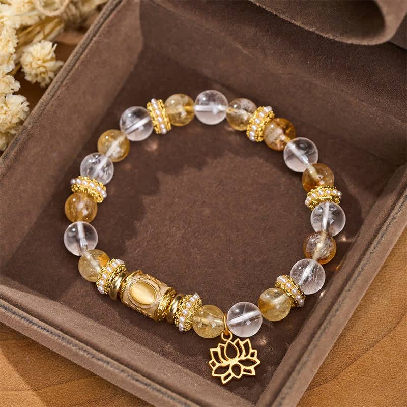 Buddha Stones Bracciale con perline a barilotto, loto e quarzo trasparente citrino smaltato, perline rotonde a forma di loto - image 3