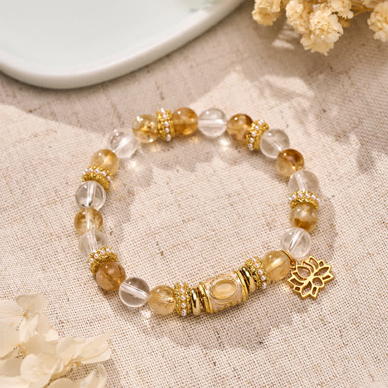 Buddha Stones Bracciale con perline a barilotto, loto e quarzo trasparente citrino smaltato, perline rotonde a forma di loto - Quarzo trasparente citrino (Circonferenza del polso: 15–16 cm) - image 0