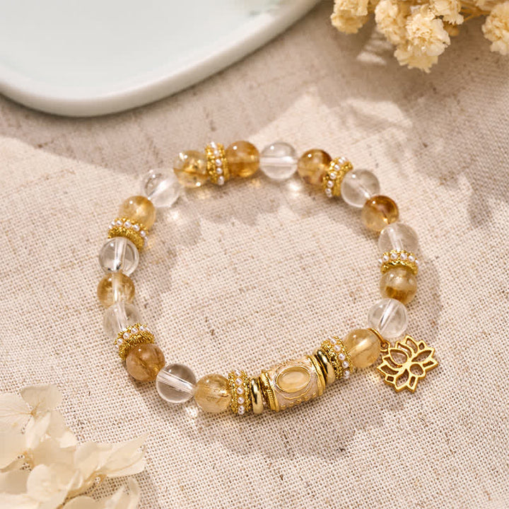 Buddha Stones Bracciale con perline a barilotto, loto e quarzo trasparente citrino smaltato, perline rotonde a forma di loto - Quarzo trasparente citrino (Circonferenza del polso: 15–16 cm) - image 0