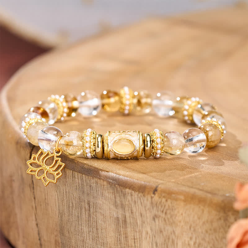 Buddha Stones Bracciale con perline a barilotto, loto e quarzo trasparente citrino smaltato, perline rotonde a forma di loto - image 1