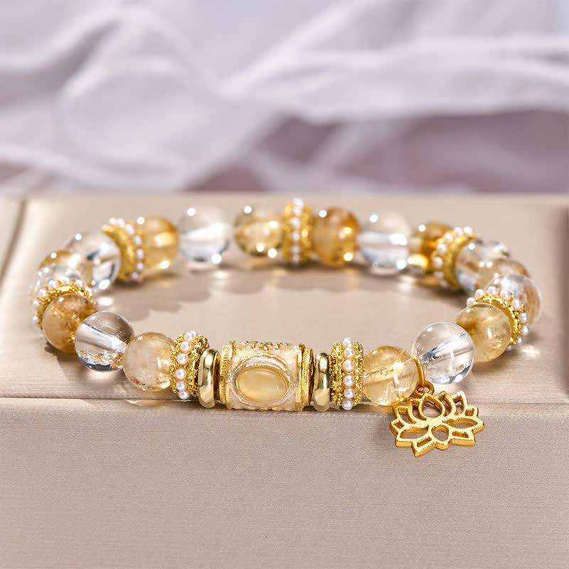 Buddha Stones Bracciale con perline a barilotto, loto e quarzo trasparente citrino smaltato, perline rotonde a forma di loto - image 2