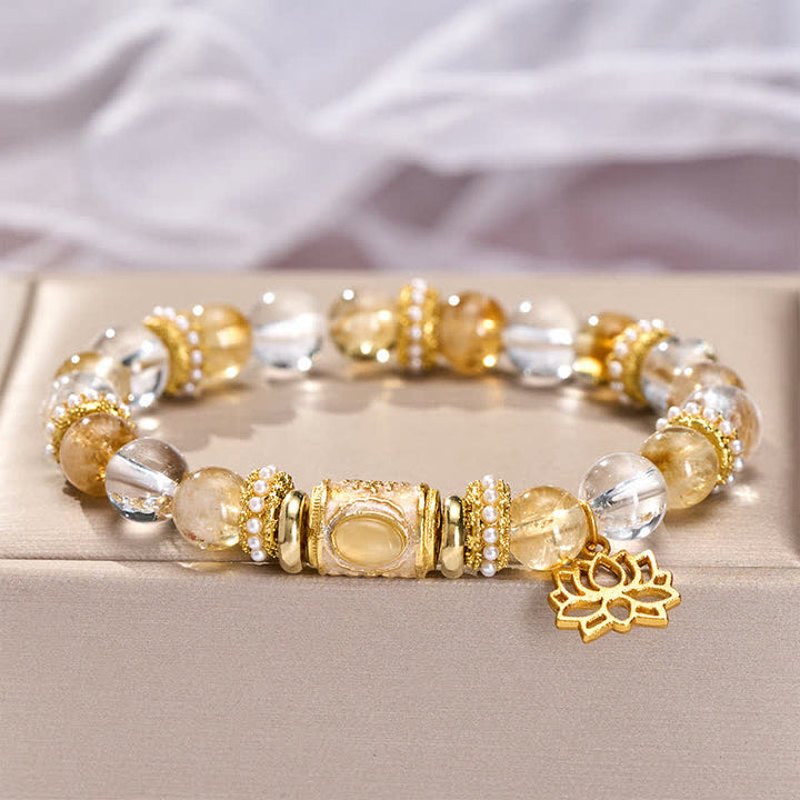 Buddha Stones Bracciale con perline a barilotto, loto e quarzo trasparente citrino smaltato, perline rotonde a forma di loto - image 2