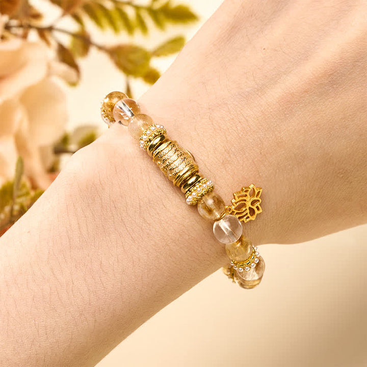 Buddha Stones Bracciale con perline a barilotto, loto e quarzo trasparente citrino smaltato, perline rotonde a forma di loto - image 4
