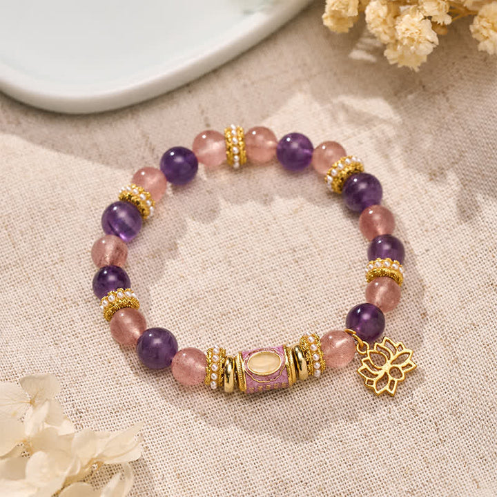 Buddha Stones Ciondolo a forma di loto con perline rotonde smaltate in quarzo fragola e ametista naturale, bracciale con perline rotonde lucidate a mano, per un look rilassante. - Quarzo fragola ametista (Circonferenza del polso: 15–16 cm) - image 0