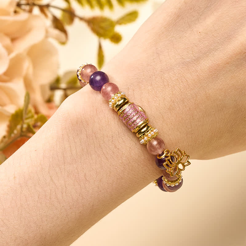 Buddha Stones Ciondolo a forma di loto con perline rotonde smaltate in quarzo fragola e ametista naturale, bracciale con perline rotonde lucidate a mano, per un look rilassante. - image 4