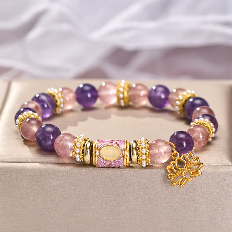 Buddha Stones Ciondolo a forma di loto con perline rotonde smaltate in quarzo fragola e ametista naturale, bracciale con perline rotonde lucidate a mano, per un look rilassante. - image 3