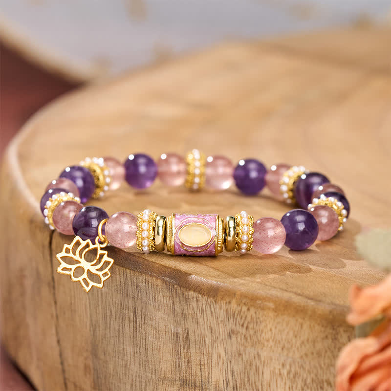 Buddha Stones Ciondolo a forma di loto con perline rotonde smaltate in quarzo fragola e ametista naturale, bracciale con perline rotonde lucidate a mano, per un look rilassante. - image 2