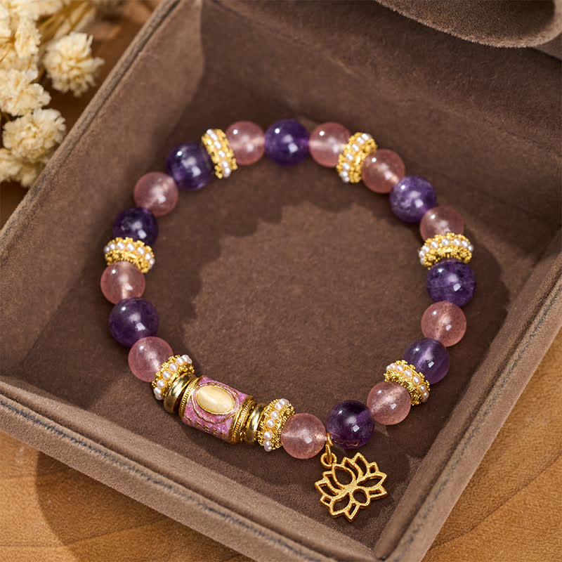 Buddha Stones Ciondolo a forma di loto con perline rotonde smaltate in quarzo fragola e ametista naturale, bracciale con perline rotonde lucidate a mano, per un look rilassante. - image 1