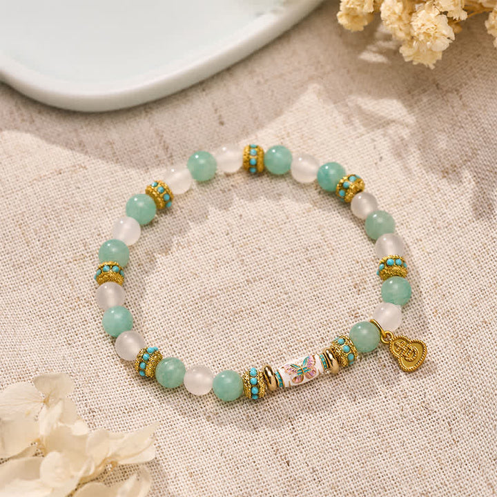Buddha Stones Bracciale con perline rotonde a forma di farfalla, in amazzonite, agata bianca, smalto e a forma di barilotto, lucidate a mano. - image 1