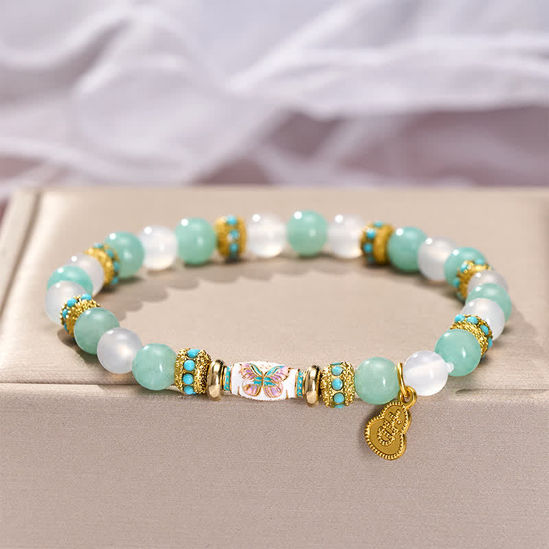 Buddha Stones Bracciale con perline rotonde a forma di farfalla, in amazzonite, agata bianca, smalto e a forma di barilotto, lucidate a mano. - image 2
