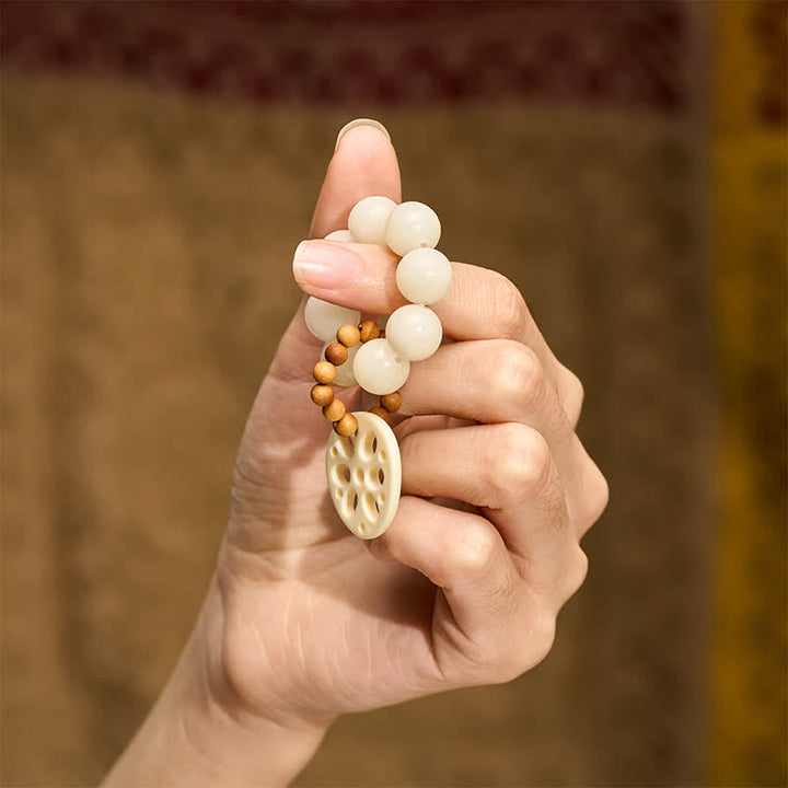 Buddha Stones Ciondolo portafortuna in radice di loto con semi di Bodhi bianchi, perline tattili per la meditazione. - image 4