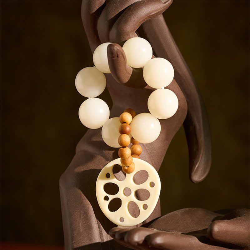 Buddha Stones Ciondolo portafortuna in radice di loto con semi di Bodhi bianchi, perline tattili per la meditazione. - image 1