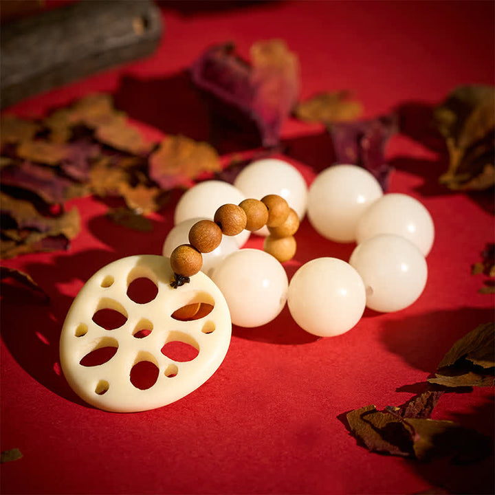 Buddha Stones Ciondolo portafortuna in radice di loto con semi di Bodhi bianchi, perline tattili per la meditazione. - image 3