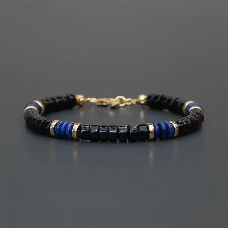 Buddha Stones Bracciale con perline Truth Cube in lapislazzuli e onice nera - Lapislazzuli (Saggezza ♥ Verità) (Circonferenza del polso: 18-19 cm) - image 0