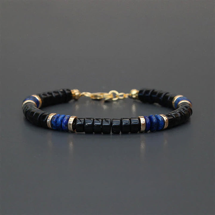 Buddha Stones Bracciale con perline Truth Cube in lapislazzuli e onice nera - Lapislazzuli (Saggezza ♥ Verità) (Circonferenza del polso: 18-19 cm) - image 0