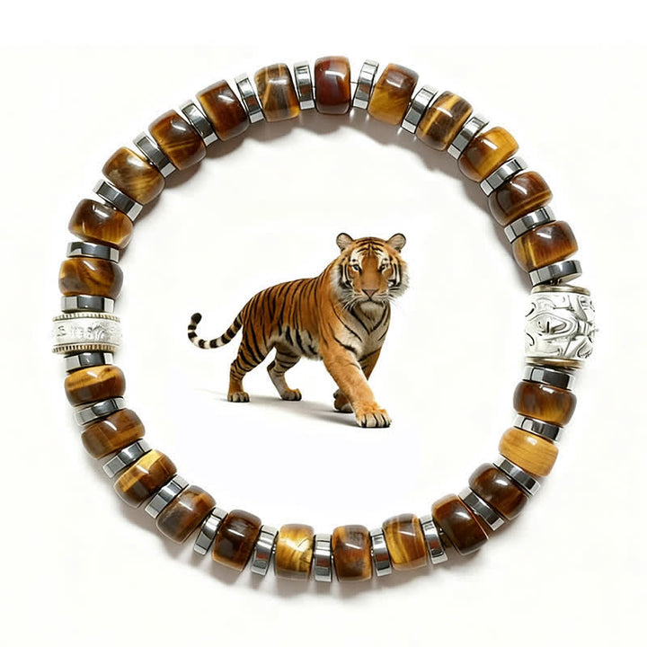 Buddha Stones Braccialetto con perline a forma di leone in argento anticato e occhio di tigre naturale. - image 3