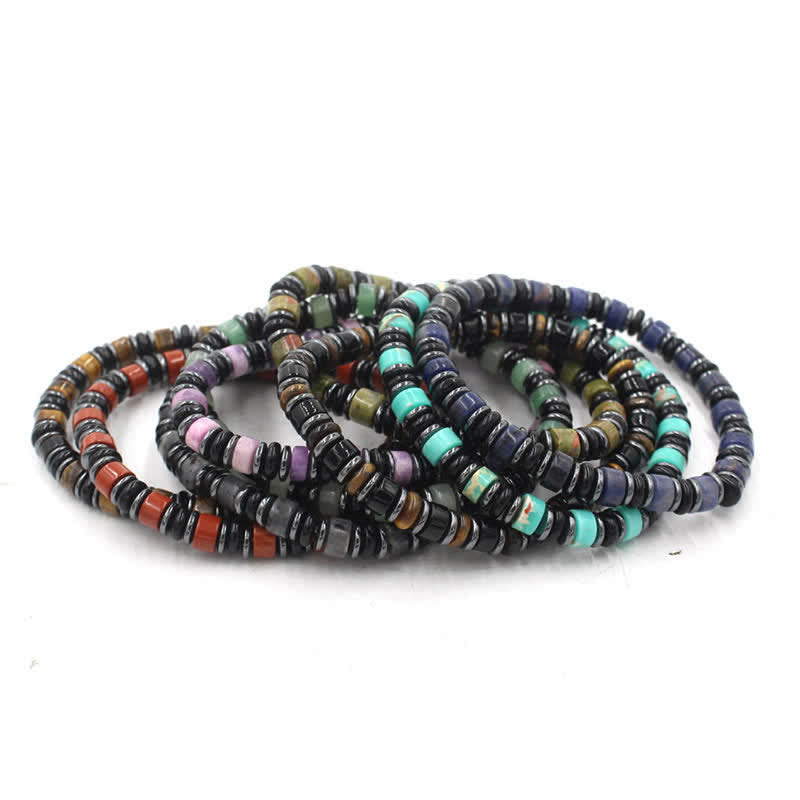 Buddha Stones Braccialetto etnico con perline piatte portafortuna in ossidiana nera ed ematite, lucidato a mano. - image 1