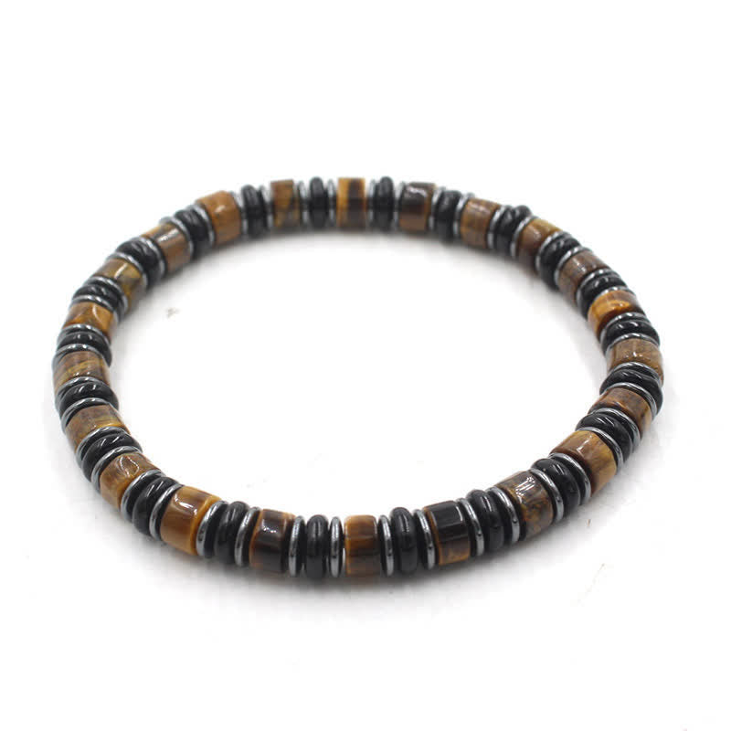 Buddha Stones Braccialetto etnico con perline piatte portafortuna in ossidiana nera ed ematite, lucidato a mano. - Occhio di tigre (Fiducia ♥ Concentrazione) (Circonferenza del polso: 15-16 cm) - image 0