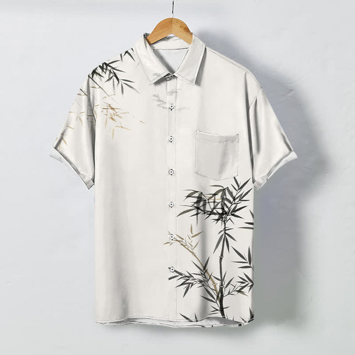 Buddha Stones Camicia da uomo a maniche corte con bottoni a fantasia foglia di bambù e stampa inchiostro, resistente alle pieghe. - Avorio - US/UK/AU48, EU58 (4XL) - image 0