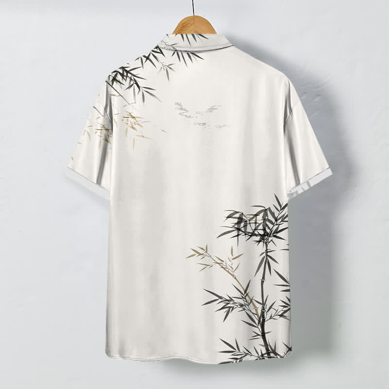 Buddha Stones Camicia da uomo a maniche corte con bottoni a fantasia foglia di bambù e stampa inchiostro, resistente alle pieghe. - image 1