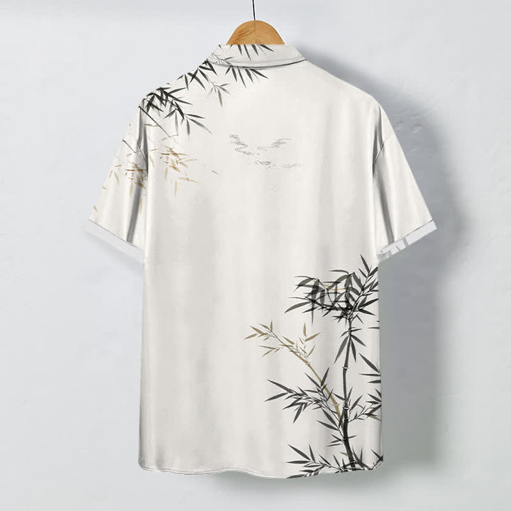 Buddha Stones Camicia da uomo a maniche corte con bottoni a fantasia foglia di bambù e stampa inchiostro, resistente alle pieghe. - image 1