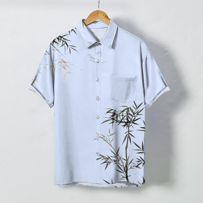 Buddha Stones Camicia da uomo a maniche corte con bottoni a fantasia foglia di bambù e stampa inchiostro, resistente alle pieghe. - Azzurro cielo chiaro - US/UK/AU48, EU58 (4XL) - image 3
