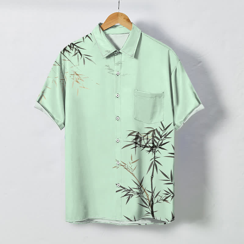 Buddha Stones Camicia da uomo a maniche corte con bottoni a fantasia foglia di bambù e stampa inchiostro, resistente alle pieghe. - Verde pallido - US/UK/AU48, EU58 (4XL) - image 5