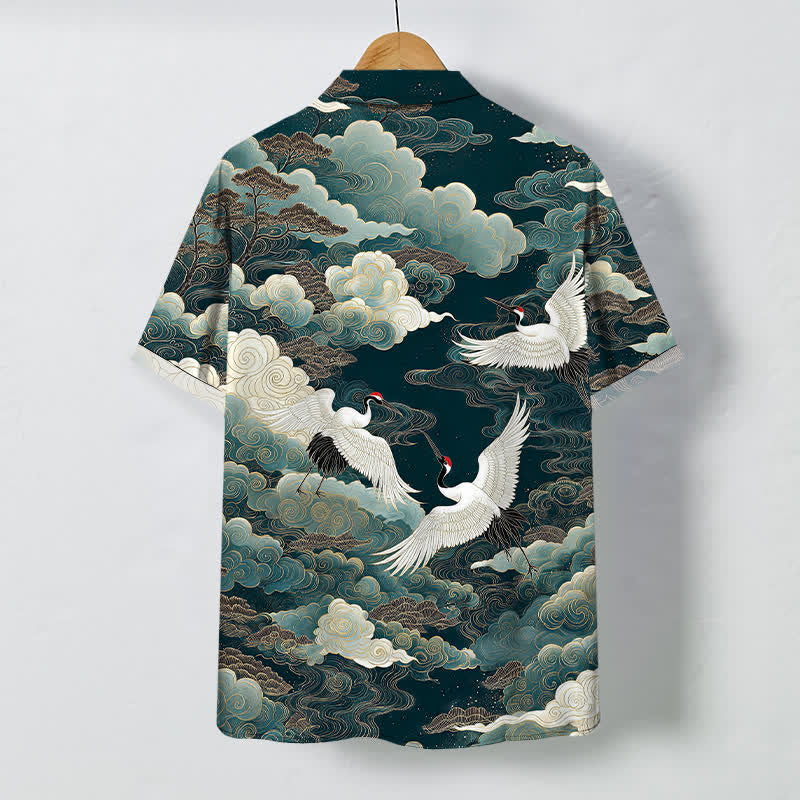 Buddha Stones Camicia da uomo a maniche corte traspirante con bottoni e motivo a onde e nuvole, con stampa di gru orientali. - image 1