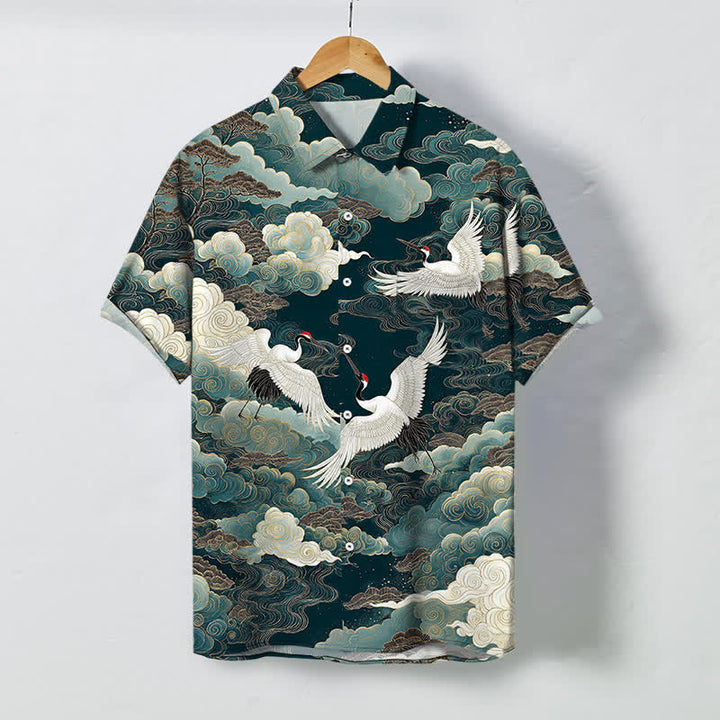 Buddha Stones Camicia da uomo a maniche corte traspirante con bottoni e motivo a onde e nuvole, con stampa di gru orientali. - Verde acqua - US/UK/AU48, EU58 (4XL) - image 0