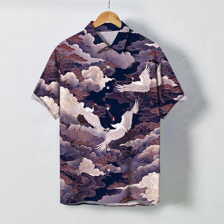 Buddha Stones Camicia da uomo a maniche corte traspirante con bottoni e motivo a onde e nuvole, con stampa di gru orientali. - Blu ardesia scuro - US/UK/AU48, EU58 (4XL) - image 5