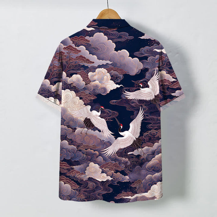 Buddha Stones Camicia da uomo a maniche corte traspirante con bottoni e motivo a onde e nuvole, con stampa di gru orientali. - image 6