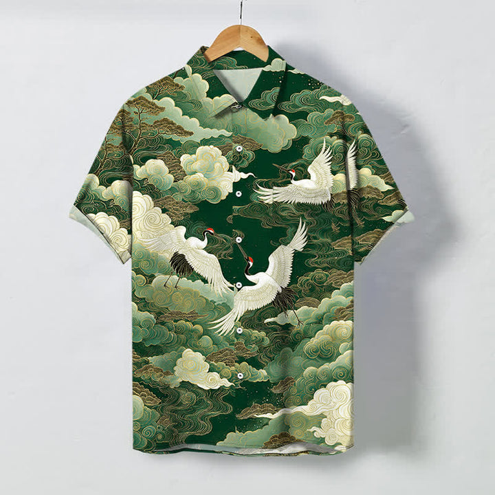 Buddha Stones Camicia da uomo a maniche corte traspirante con bottoni e motivo a onde e nuvole, con stampa di gru orientali. - Verde studentesco - US/UK/AU48, EU58 (4XL) - image 7