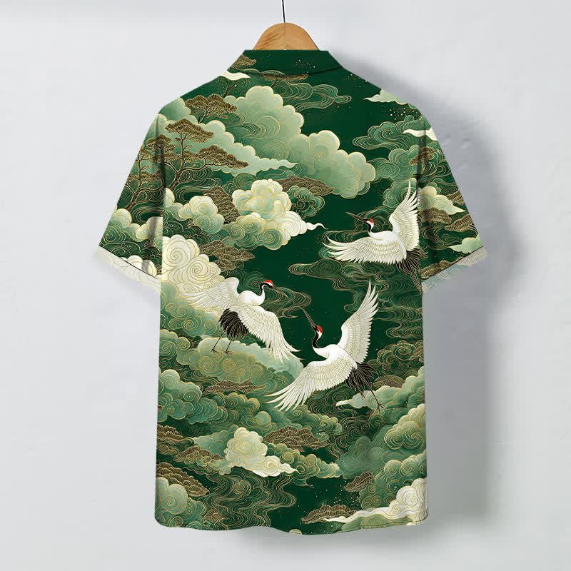 Buddha Stones Camicia da uomo a maniche corte traspirante con bottoni e motivo a onde e nuvole, con stampa di gru orientali. - image 8