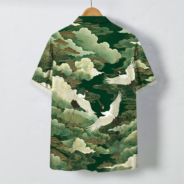 Buddha Stones Camicia da uomo a maniche corte traspirante con bottoni e motivo a onde e nuvole, con stampa di gru orientali. - image 8