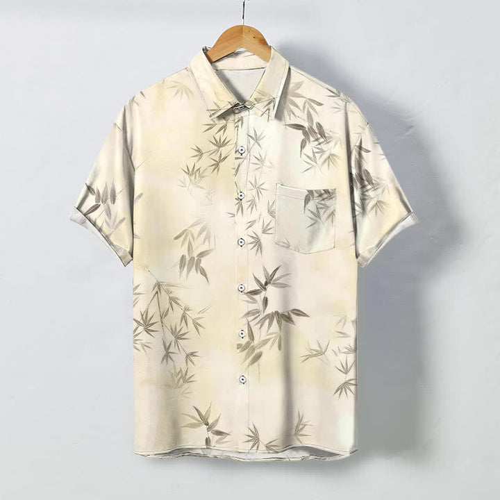 Buddha Stones Camicia da uomo a maniche corte con bottoni a motivo foglia di bambù, resistente alle pieghe. - Avorio - US/UK/AU48, EU58 (4XL) - image 0