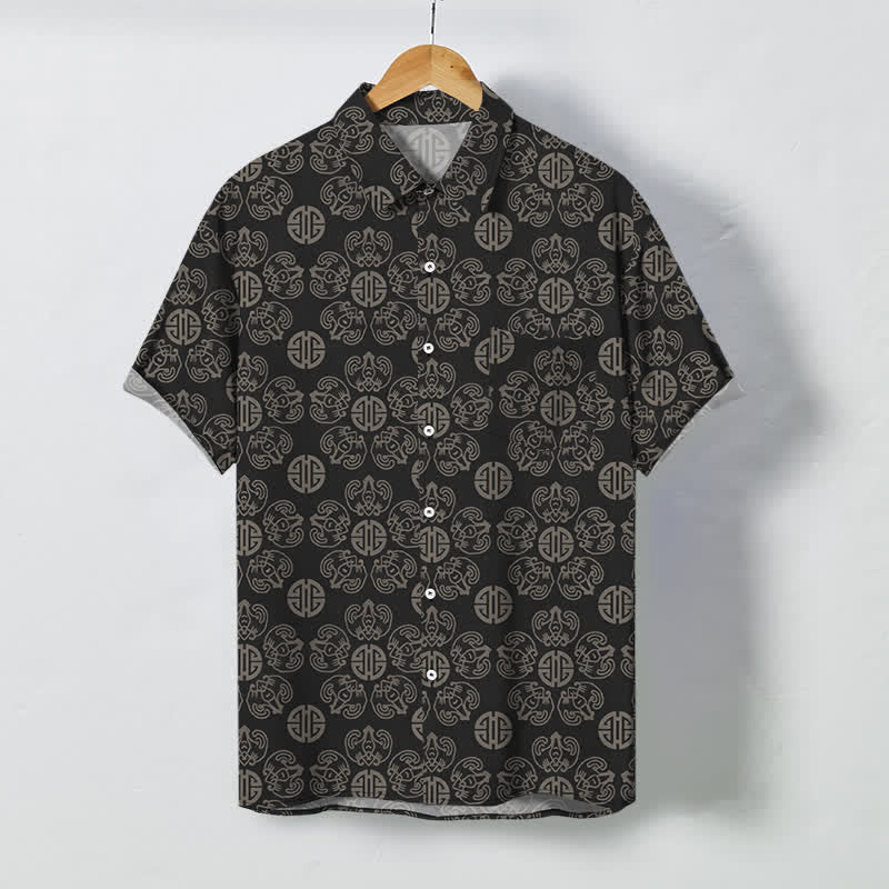 Buddha Stones Camicia da uomo a maniche corte traspirante con bottoni a medaglione vintage e motivo geometrico. - 	Nero - US/UK/AU48, EU58 (4XL) - image 0