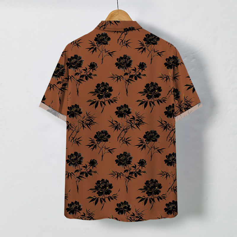 Buddha Stones Camicia da uomo a maniche corte traspirante con bottoni e motivo floreale tropicale a foglie. - image 1