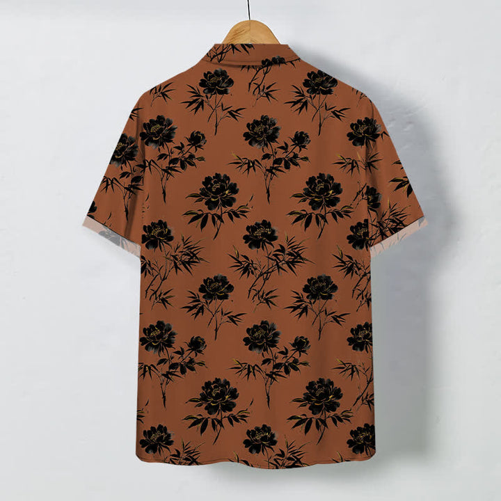 Buddha Stones Camicia da uomo a maniche corte traspirante con bottoni e motivo floreale tropicale a foglie. - image 1