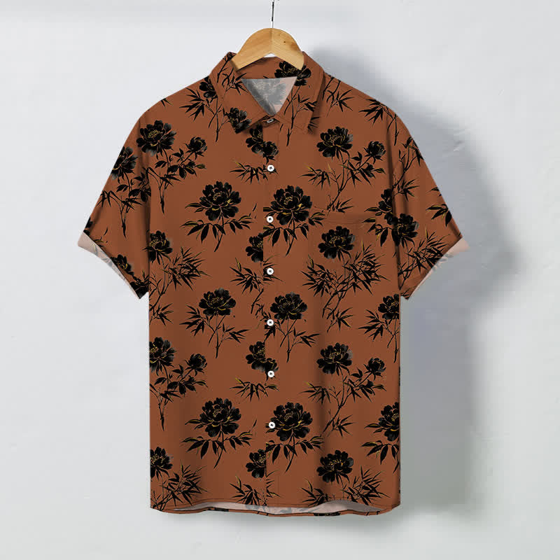 Buddha Stones Camicia da uomo a maniche corte traspirante con bottoni e motivo floreale tropicale a foglie. - Siena - US/UK/AU48, EU58 (4XL) - image 0